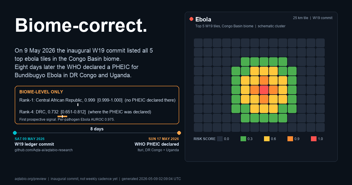 Tile heatmap of the Congo Basin biome cluster from the 2026-05-09 W19 commit, with a red hot-zone surrounded by orange and green tiles. Biome-level signal: rank-1 tile in CAF (no PHEIC); rank-4 country DRC is where the WHO PHEIC was later declared.