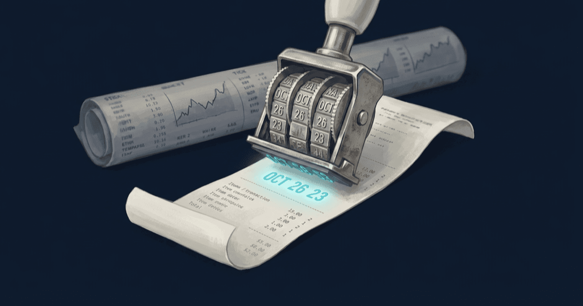 A timeline with a filled point marked 'decision signed' well before an open point marked 'outcome', under the headline: a backtest is a claim, a receipt is evidence.