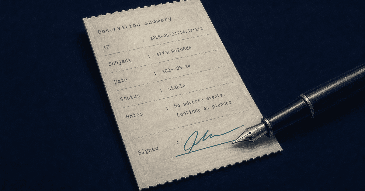 Fountain pen at the signature line of a clinical chart, muted teal ink stroke on a deep navy ground.