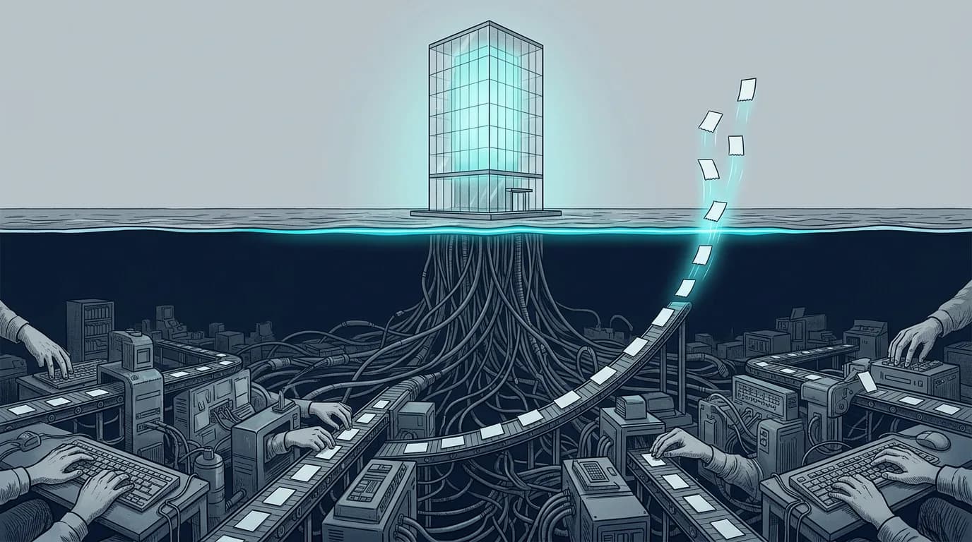 Editorial illustration: a single glass tower glowing cyan above the waterline, suggesting visible AI consumption. Below the waterline, a vast underwater factory of hands at keyboards, conveyor belts, and labelled data cards. A thin cyan seam runs along the waterline; receipt cards rise through it from below to the right of the tower. The hidden human labour that makes AI work, and the runtime layer that gives it a verifiable trail.