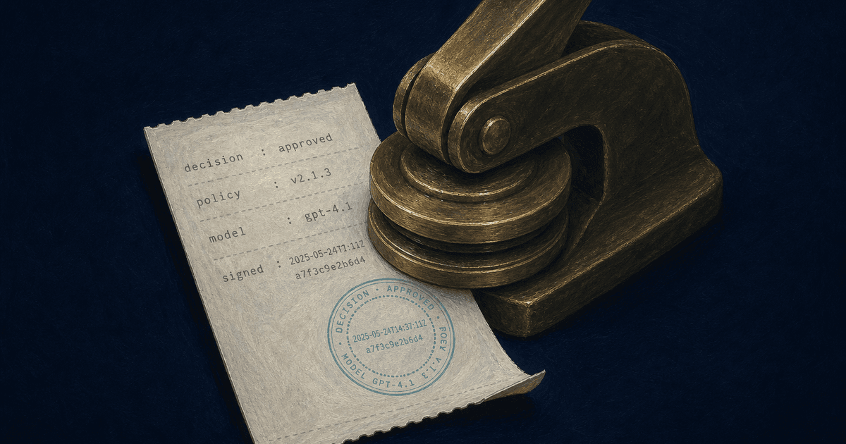 An open ledger with debit and credit entries beside a thermal receipt strip and a signed received-by slip on navy paper, from bookkeeping records to verifiable attestation.