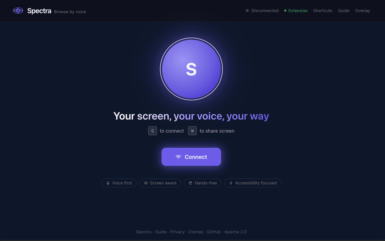 Spectra home interface showing the eye logo, wake word activation, and screen sharing controls