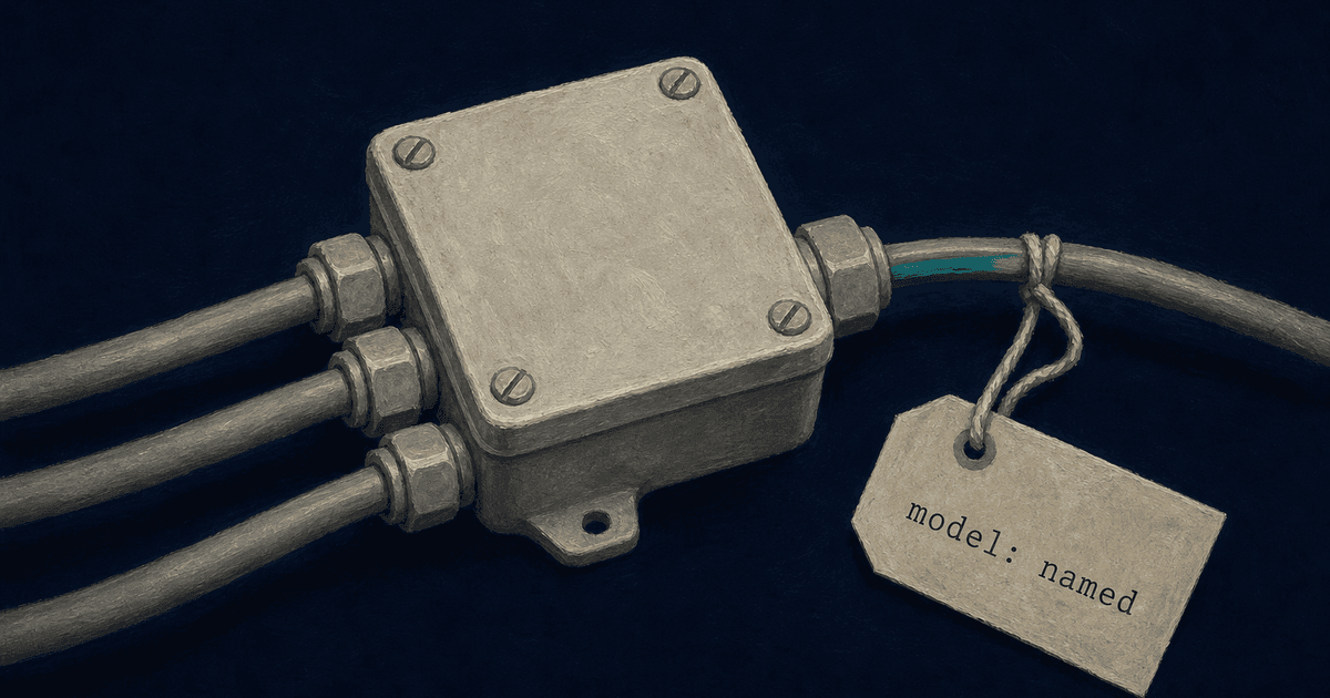 Three cables entering a junction box, one muted teal core, with a paper tag on the output cable reading model: named.