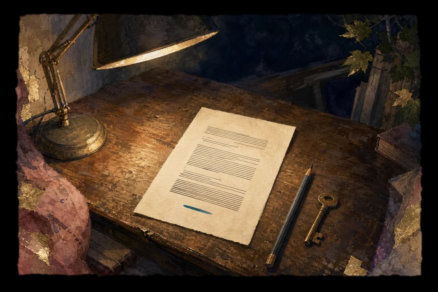 A hand-painted record slip under an anglepoise lamp on a wooden desk at dusk, a pencil and a brass key beside it.