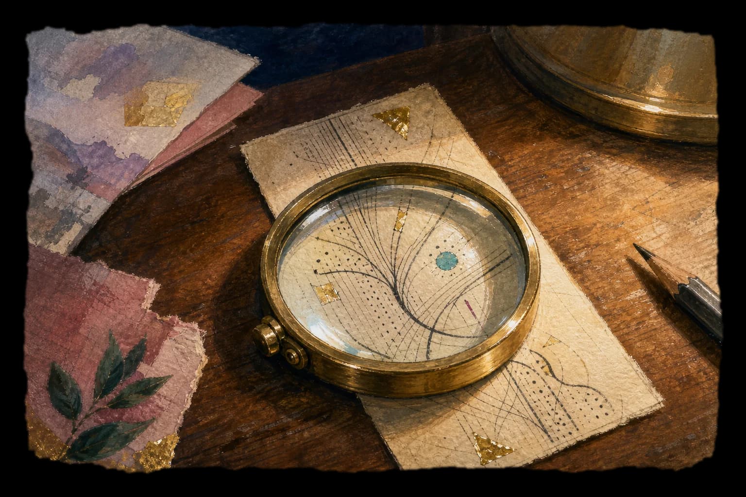 A hand-painted brass loupe resting on a record slip, its ink lines enlarged through the lens, on deckled paper.