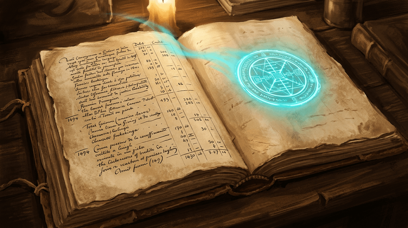 An open Venetian ledger from 1494 beside a glowing cyan cryptographic seal: the visual bridge from double-entry bookkeeping to signed receipts.