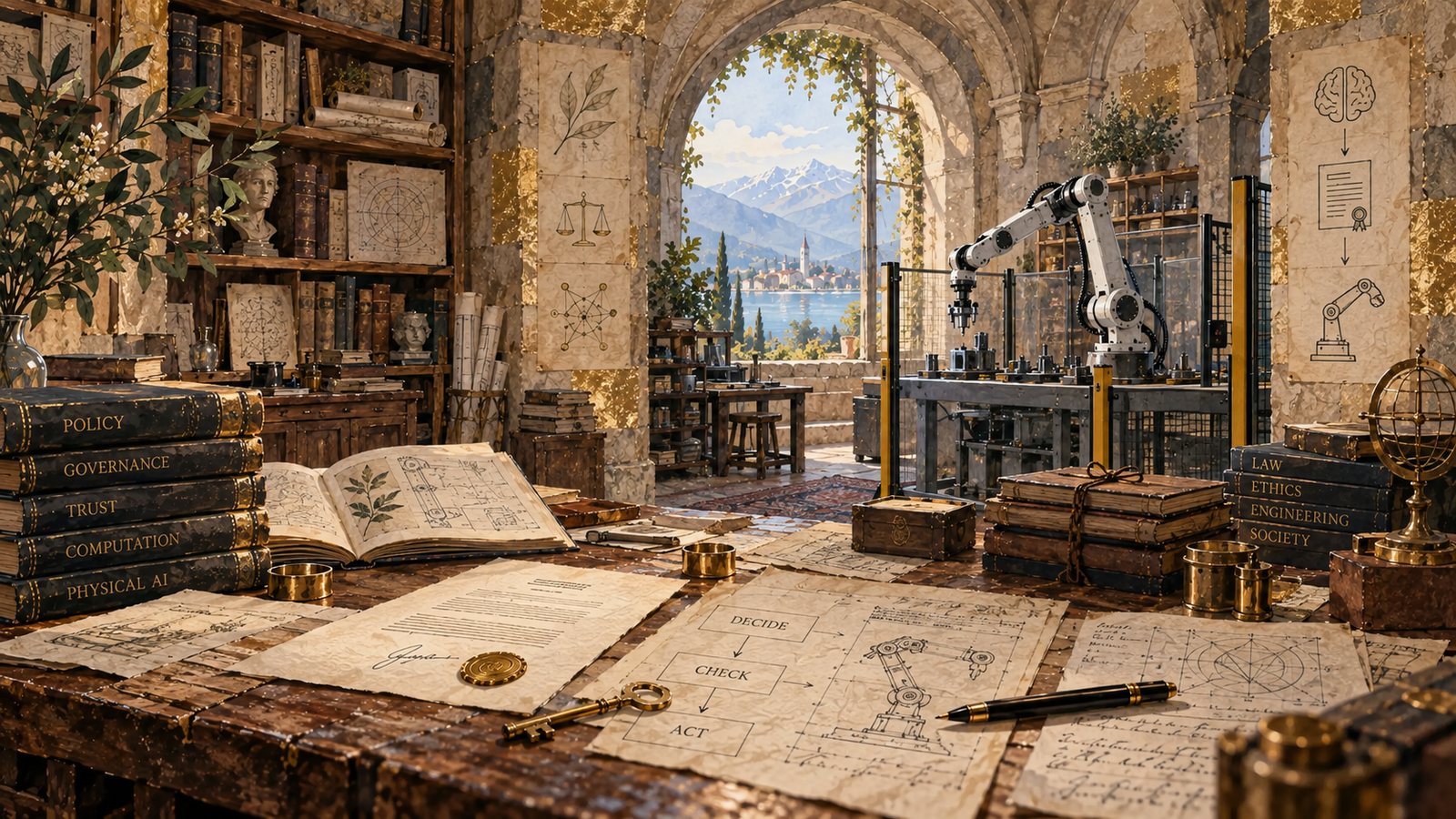 A watercolour study: an open ledger and a wax seal on a desk under an arched window, a robot arm standing behind them.