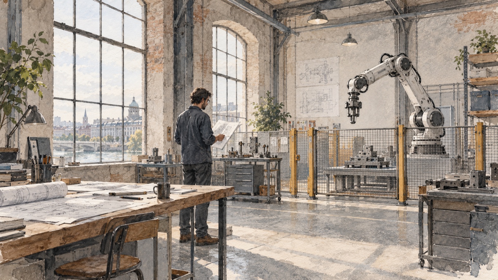 Watercolour of a workshop: an engineer holding a drawing stands beside an industrial robot arm enclosed behind a mesh safety fence, with machine fixtures on the benches and a river city through tall windows.